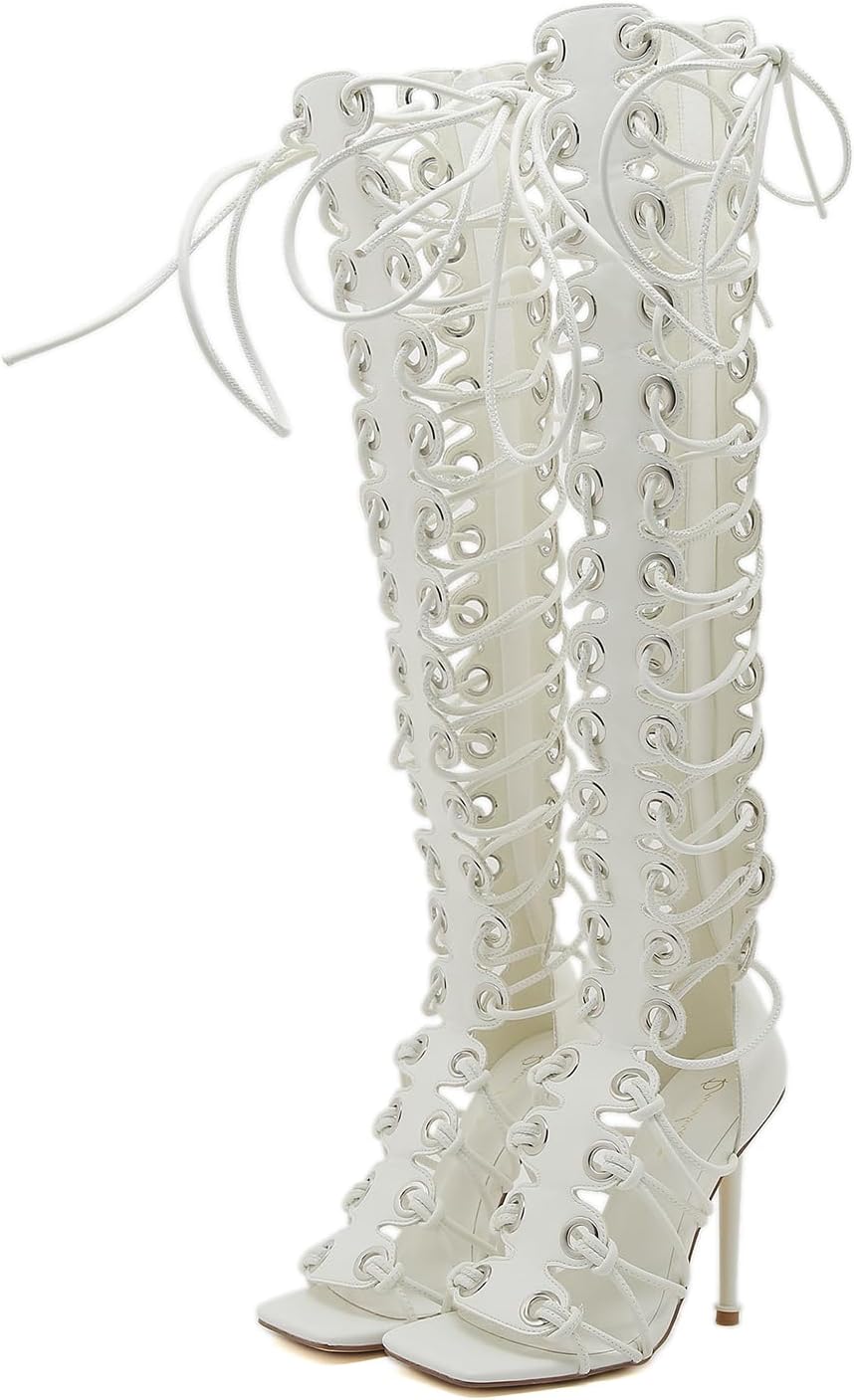 STUPMARY Women Peep Toe Sandals Cut-outs Cross-tied Lace Up High Heeled Gladiator Sandals Zipper Over The Knee Bootie Summer