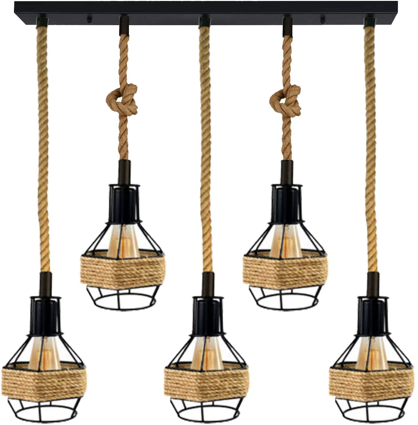 DC VOLTAGE Retro 5 Head Ceiling Pendant Light Metal Hemp Rope Covered Bird Cage Lampshade with Adjustable Cable Bulbs Rectangle Canopy Lamp for Dining Room Hallway Restaurant Cafe Bedroom Kitchen