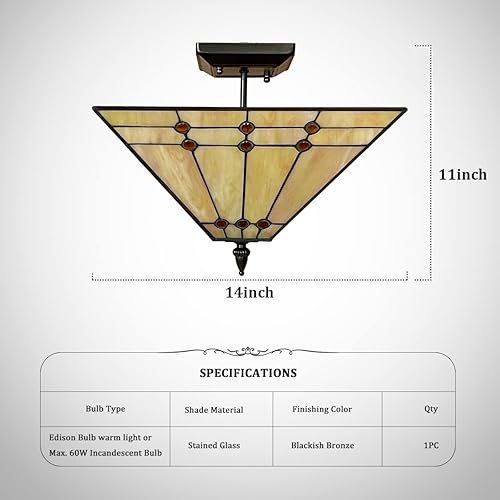 Miniatura 5 de Lámpara de techo estilo Tiffany de 14 pulgadas de ancho, estilo amarillo, vitral, decoración para sala de estar, comedor, dormitorio, pasillo,