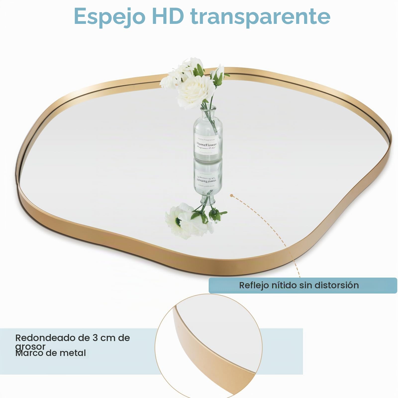 LIFEZEAL Espejo Decorativo, Irregular con Marco de Metal, Asimétrico de Tocador para Colgar en Baño o Dormitorio (75 x 70cm)