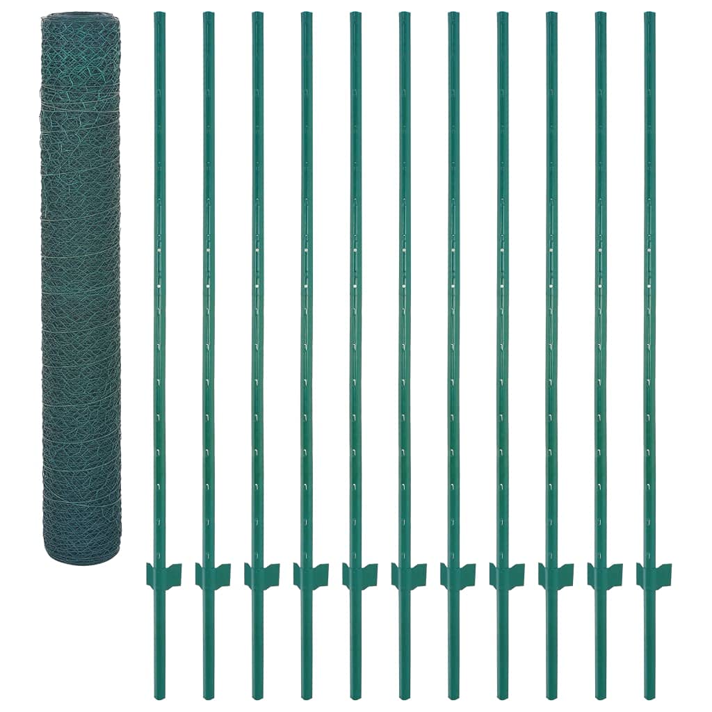 vidaXL Valla Jardín Malla Alambre Rollo + 11 Postes Acero Vallado Metálico Cercado Metal Separador Protección Corral Gallinas Animales Verde 25x2 m