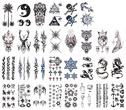Tatouage Temporaire Adulte 30 Feuilles Tatouage Temporaire Noir pour Bras, Jambes, Visage, Scorpion, Tête de Loup, Dragon, Tête de Crâne, lépée, Tribu Cover