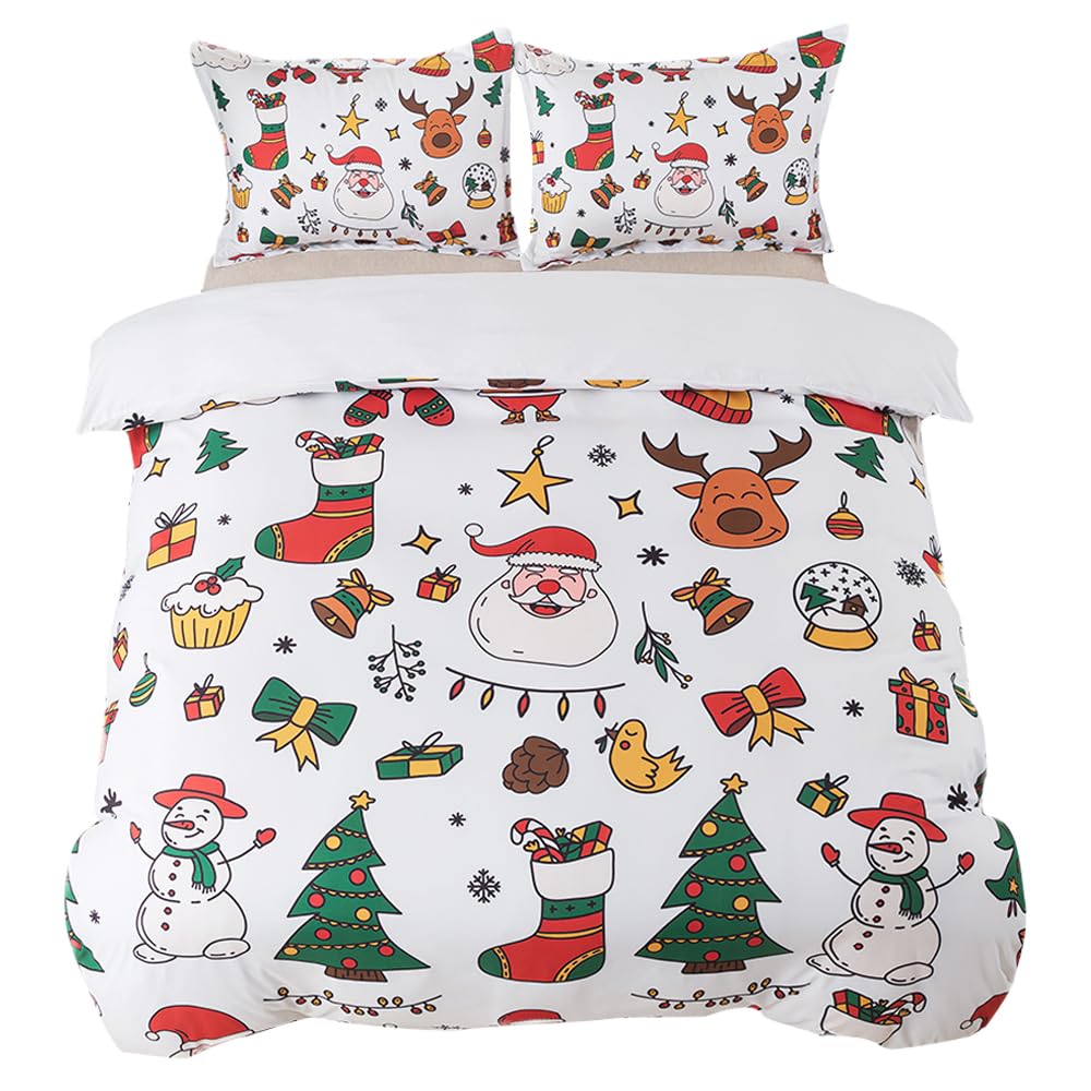 ADASMILE A & S Christmas Duvet Cover Full Size Merry Christmas Bedding Set Santa Claus Snowman Deer Sock Pattern Duvet Cover Christmas Tree Comforter Cover Winter Holiday Bedroom Decor (No Comforter)
