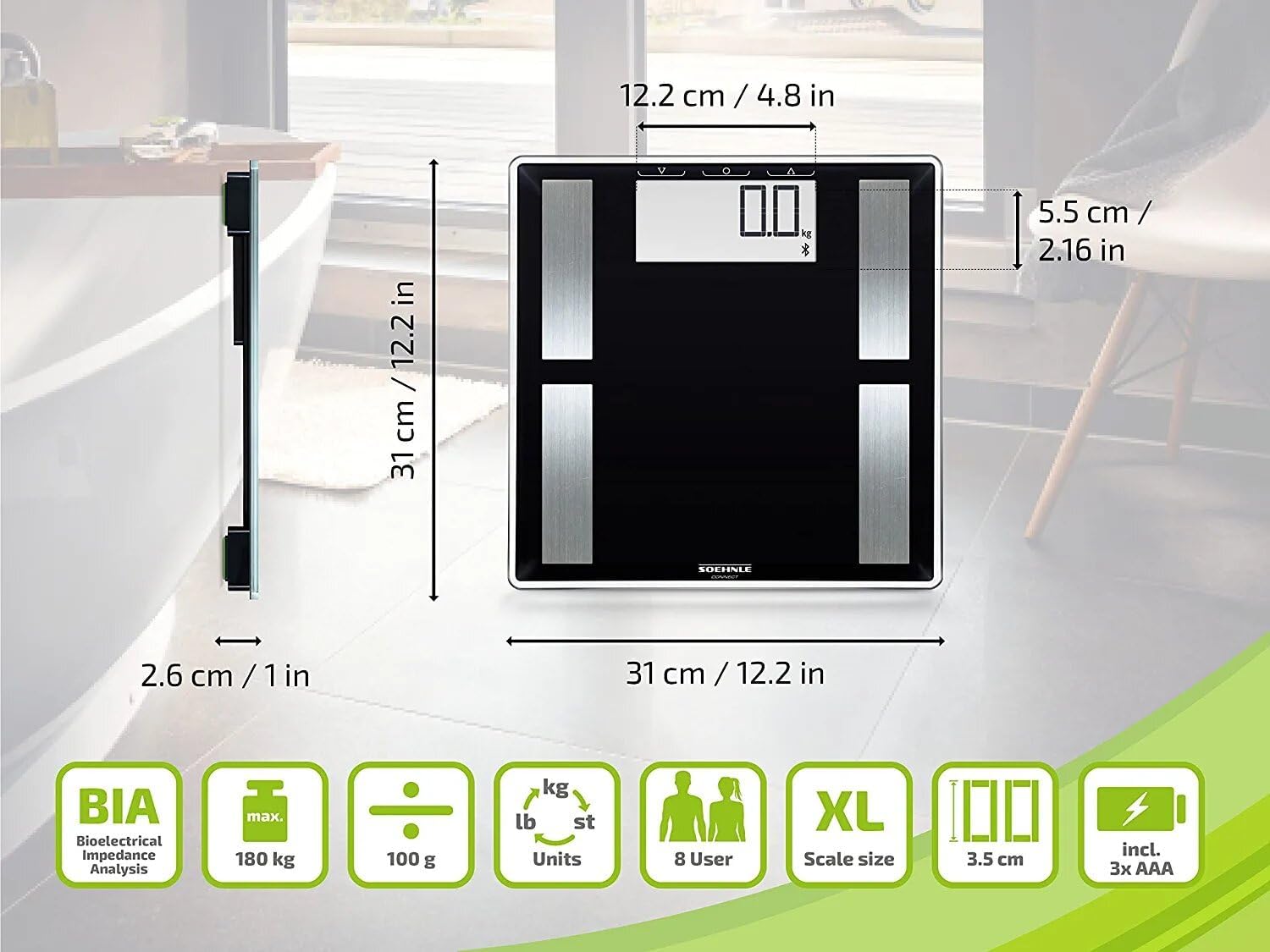 Soehnle Shape Sense Connect 50 - Bilancia pesapersone con Bluetooth e app, per analisi del corpo BIA, con grande display LCD, Nero