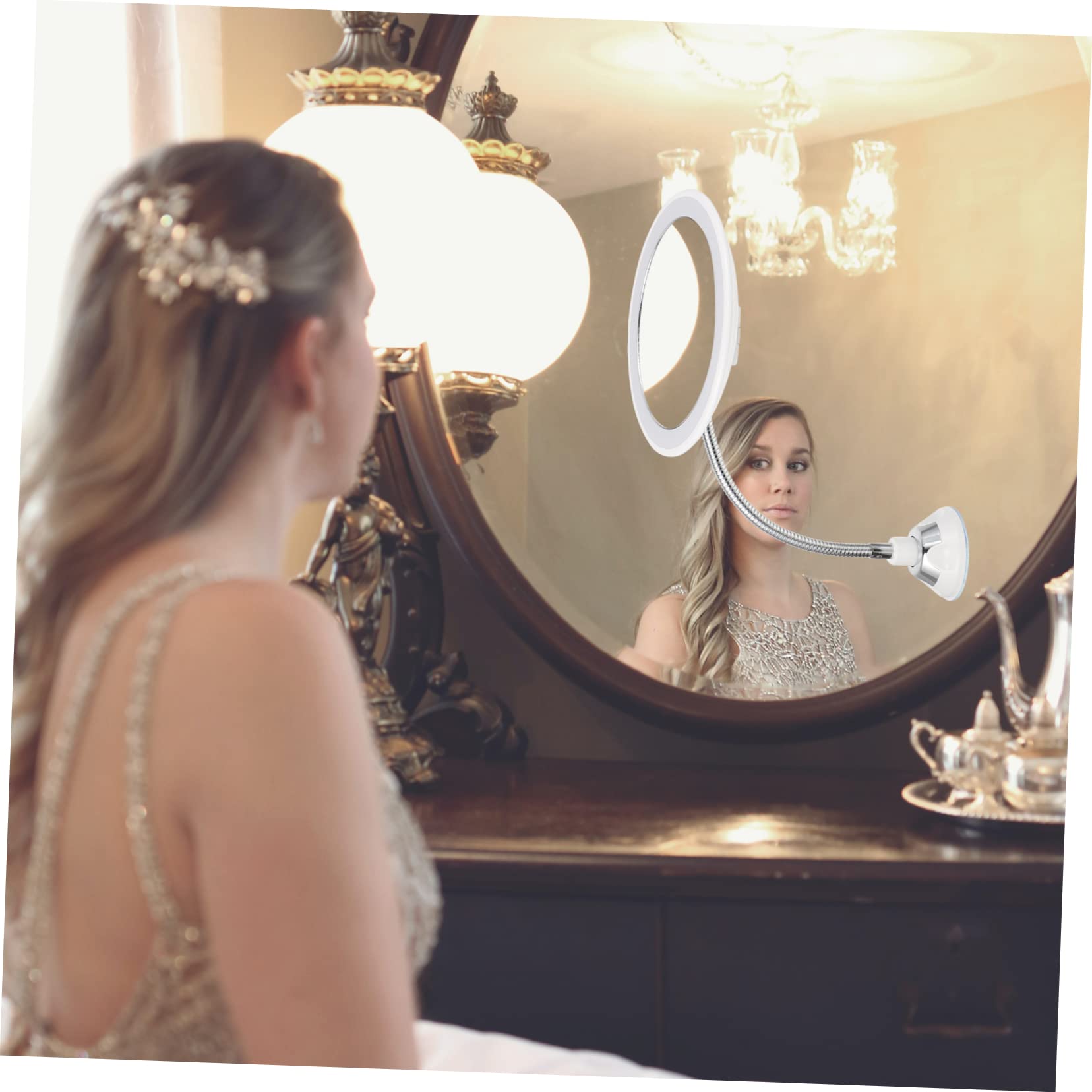 Housoutil Kosmetikspiegel mit Saugnapf Weiß 10-facher Vergrößerungsspiegel aus Abs und Glas LED Beleuchtung 360° Drehbar Rund Leicht mit Starkem Saugnapf für Damen und Professionelle Make