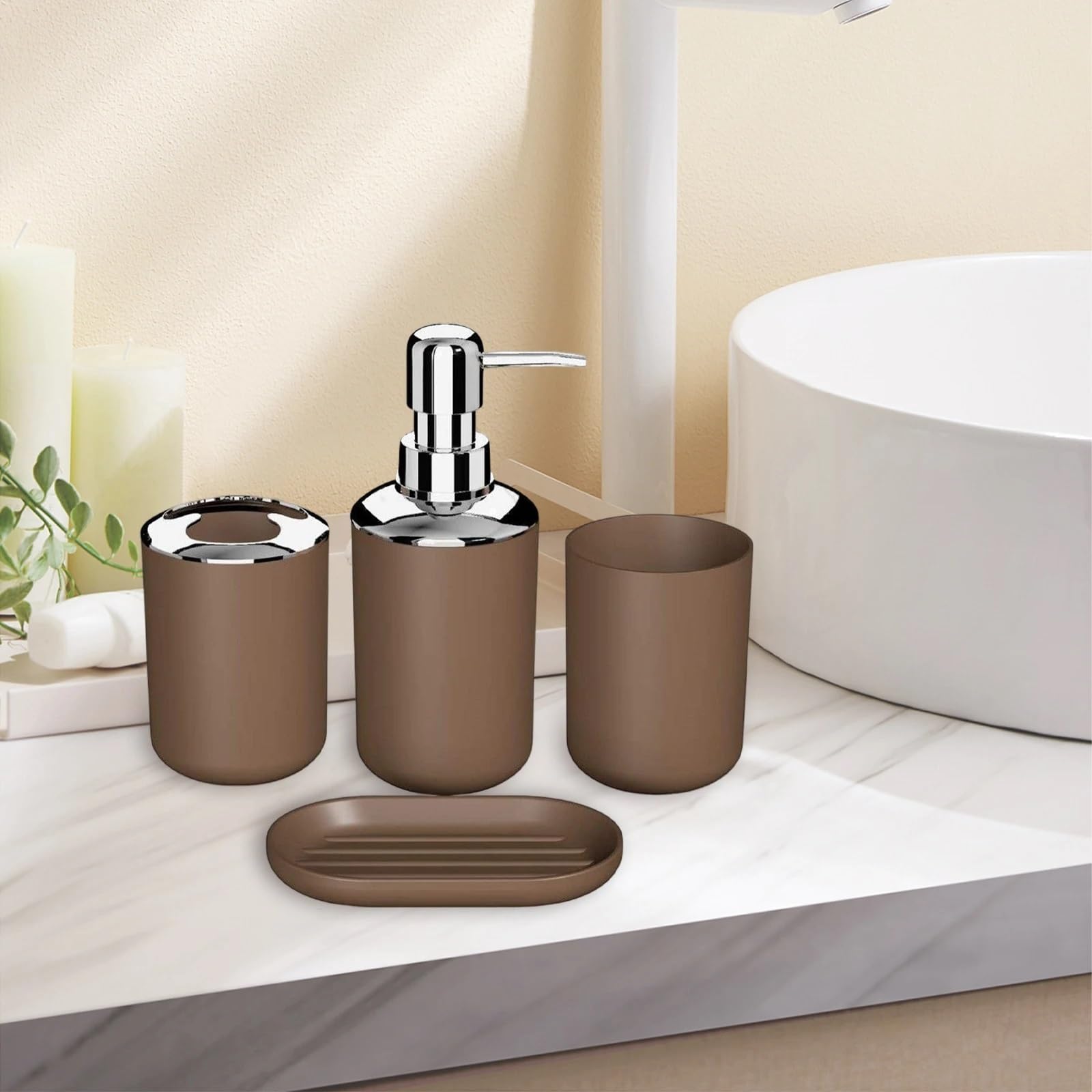 Set Bagno Accessori Completo 4 pezzi di accessori da bagno in plastica ABS Set portaspazzolino portasapone decorazione bancone for la casa hotel(Brown)
