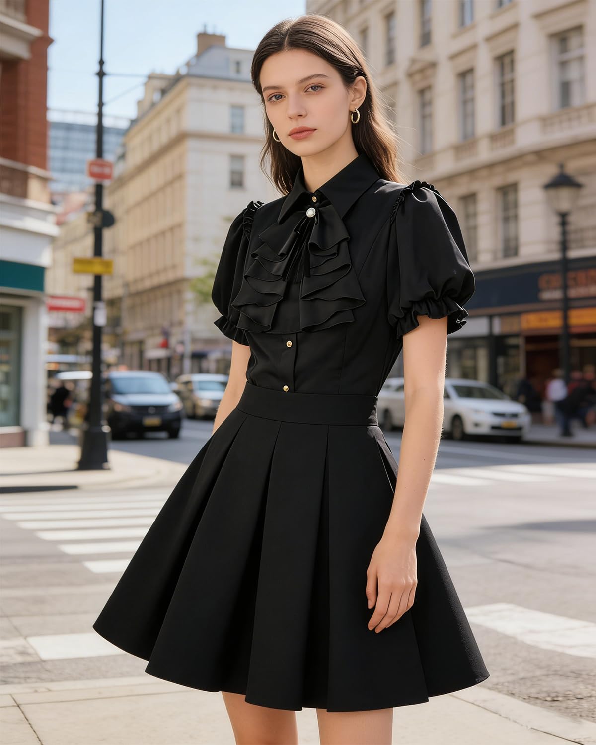 CR ROLECOS Chemisier victorien noir à manches courtes bouffantes gothique pour femme
