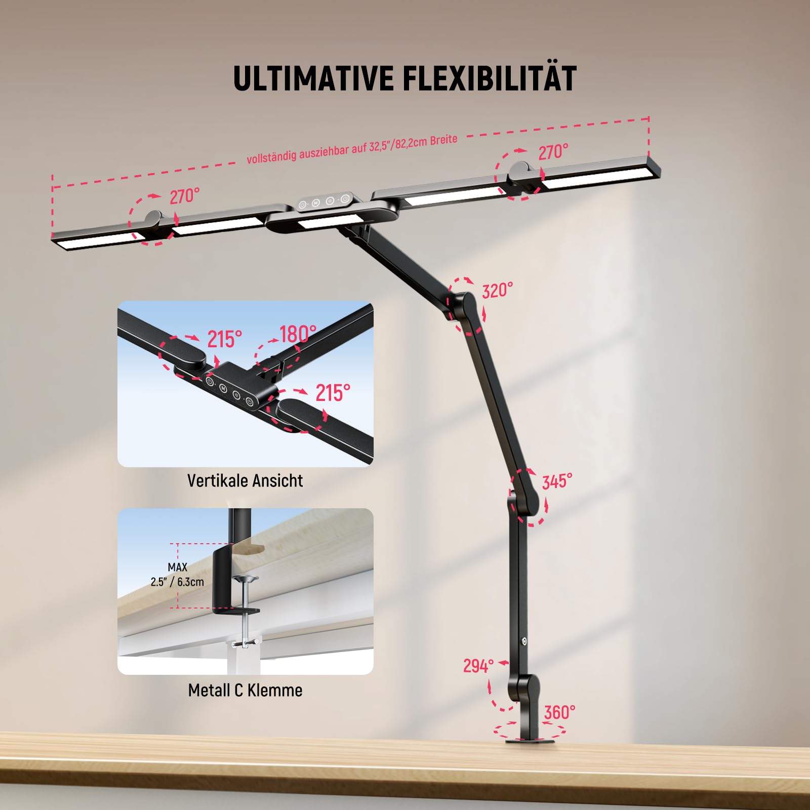 NEEWER Basics 32,5" Clip On LED Tischleuchte zum Aufstecken für das Homeoffice, 23W dimmbare LED Architektenlampe mit Tischklemme, 5 Lichtleisten, Computer Zeichnungs und Videokonferenz, DL01