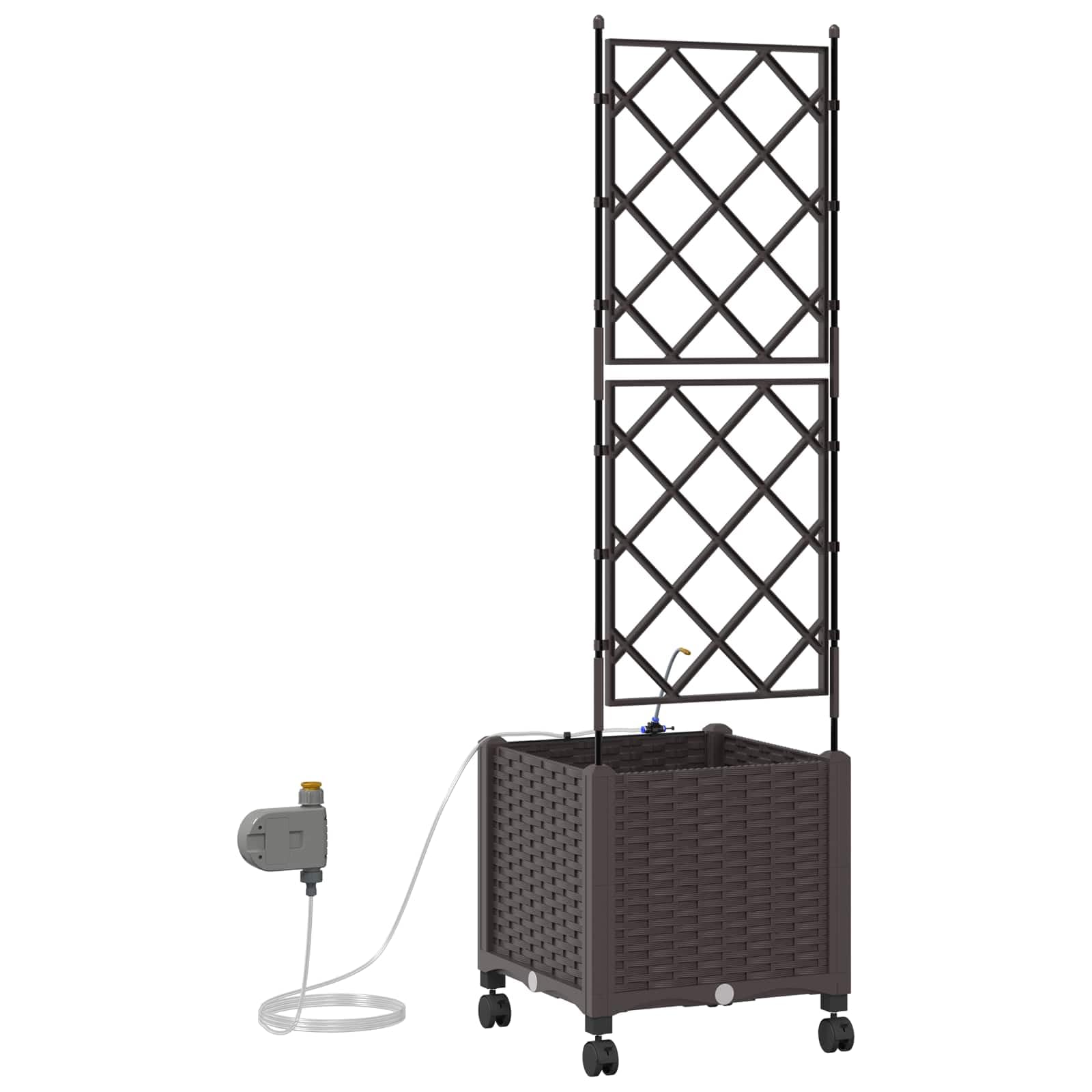 Fioriera mobile con traliccio e set di irrigazione, marrone, PP | Fioriera flessibile per terrazza e balcone con sistema di irrigazione automatico e traliccio per piante rampicanti.