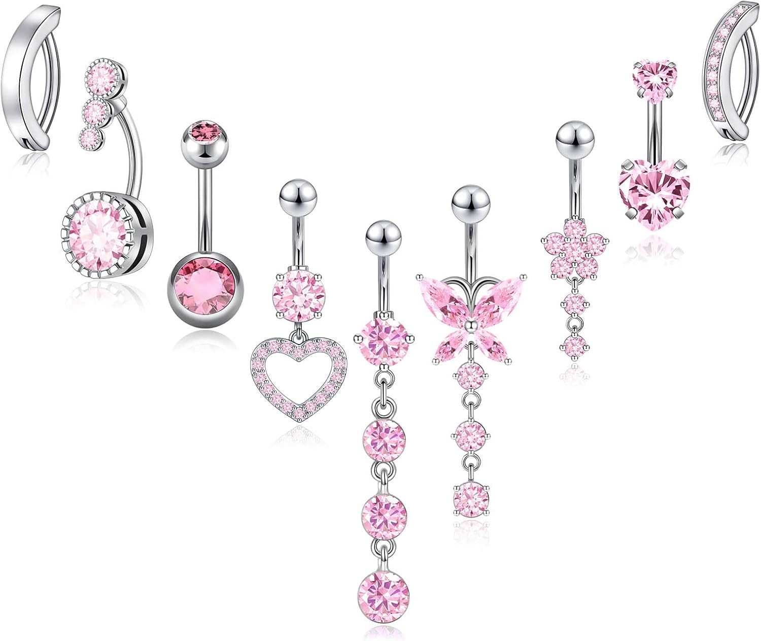 9PCS Belly Button Ring Dangle Stainless Steel Belly Rings 14G 1.6MM Belly Piercing Cute Navel Ring Piercing Jewelry Belly Ring for Women