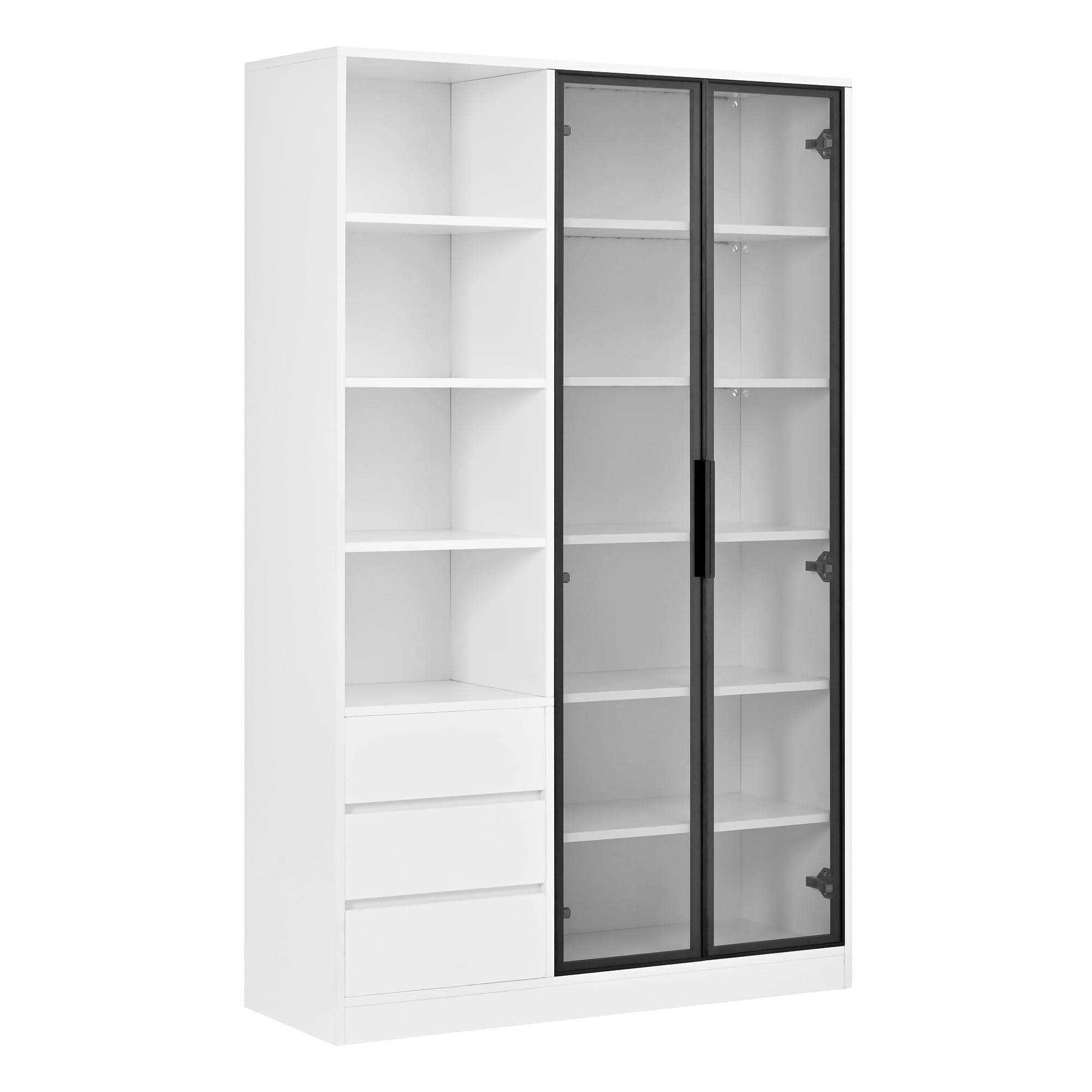 TIZZ Vetrina a 3 cassetti, 2 ante in vetro temperato destra, ripiano regolabile in altezza, design bianco, credenza, armadietto per sala da pranzo, soggiorno, armadietto per vino