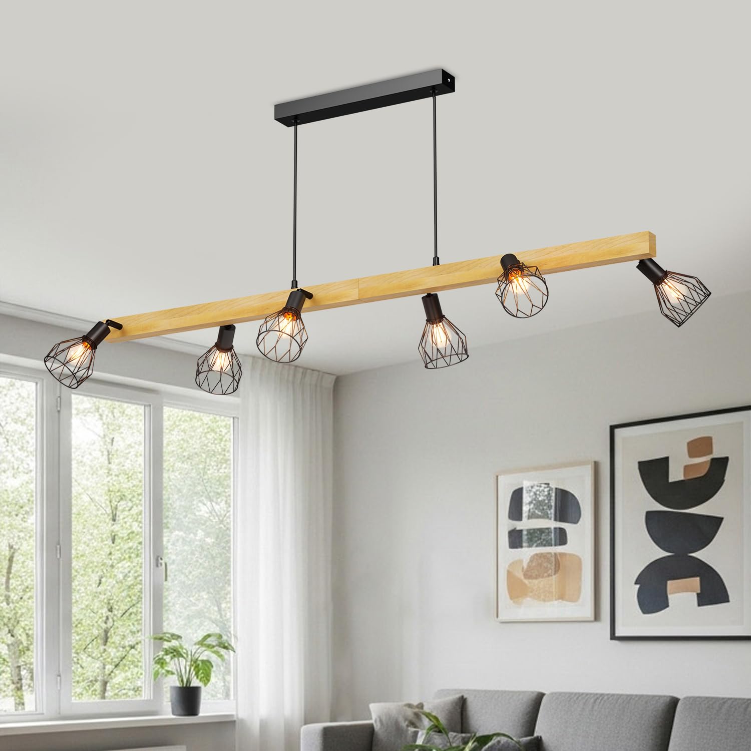 LVWIT Lamparas Colgantes de Techo Negro, Lamparas Isla Cocina E14, Lámparas de Techo de Madera，Lampara Comedor Techo con 6 Bases, para Salón,Dormitorio, Pasillo (Sin Bombillas)