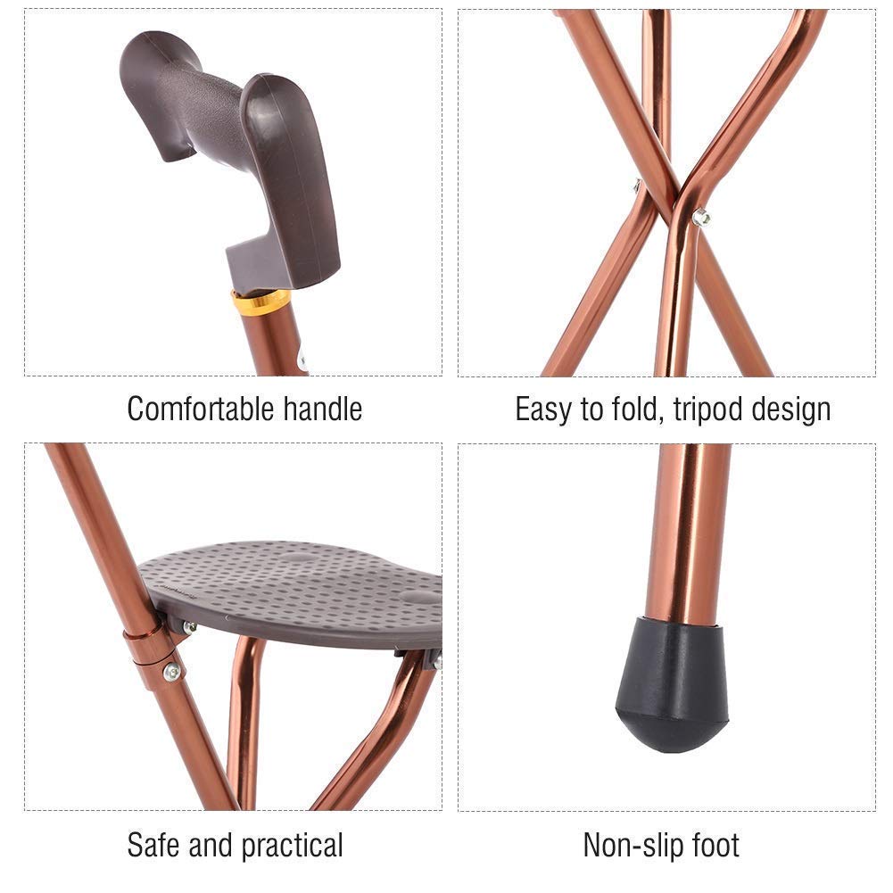 Asiento para bastón Bastones Plegables Taburete Plegable Mango multifunción Aluminio Ligero Regulable en Altura Peso máximo Usuario 200 kg