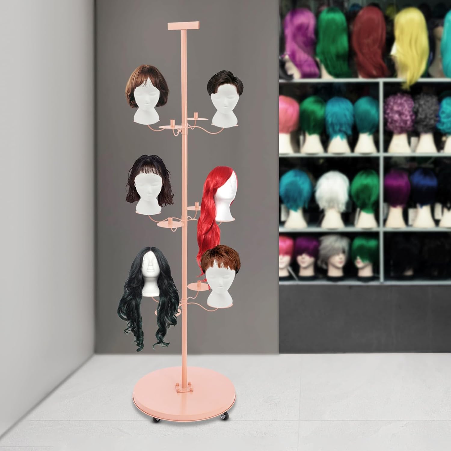 Wig Head Stand, 12-Head Wig Holder Mannequin Head Stand Tripod Metal Wig Organizer Storage Rack w/ Round Base for Multiple Wigs Display Black (Pink)
