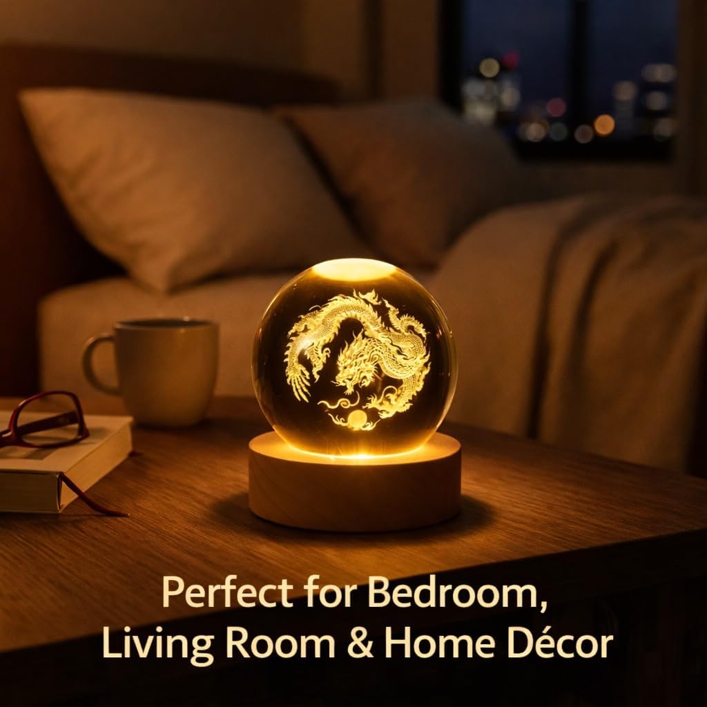 3D Dolphin Laser Engraved Crystal Ball Lamp, 60mm K9 Crystal with Wooden LED Base, Color-Changing Night Light for Home Décor, Ideal for Lovers, Kids, and Family(3D red Spider Lily)(3D Dragon)
