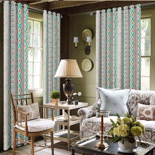 Image of XiDi Green Geometric Patterned Blackout Curtains for Bedroom 84 Inches Long 2 Panels Boho Farmhouse Black Out Curtains for Dining Living Room Country Vintage Thermal Insulated Grommet Window Drapes
