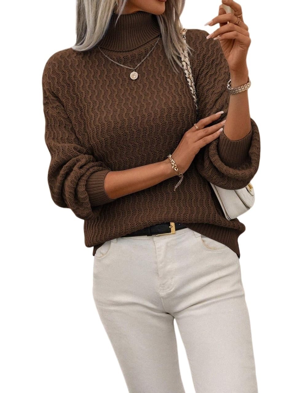 Casual Plain Turtleneck Drop Shoulder Sweater Fashion Outfits for Women