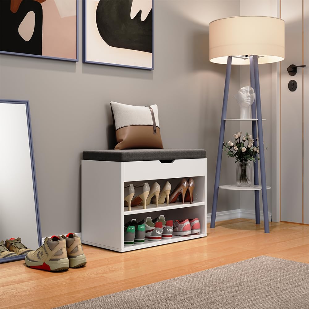 Vicco Panca scarpiera da ingresso Titus, Bianco, 60 x 45 cm con ripiano, adatto per la conservazione e combinabile come seduta