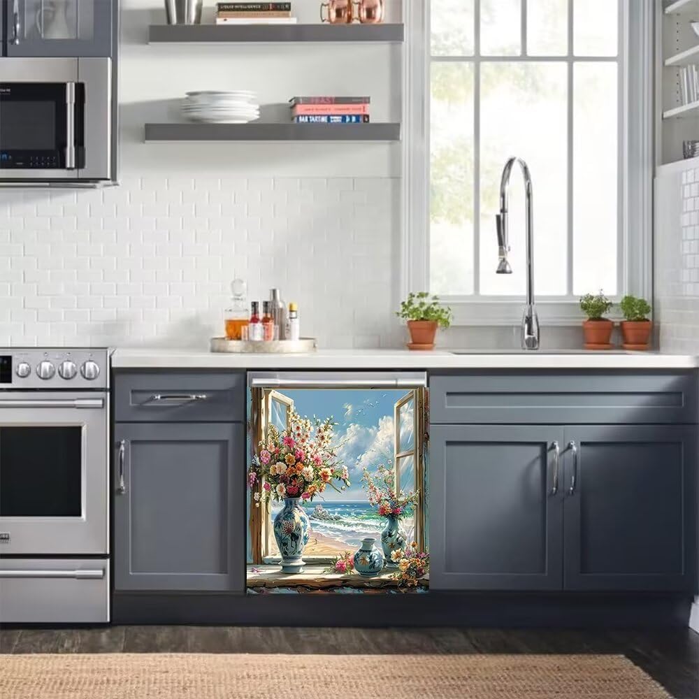 Generic Vase Flower Dishwasher Magnet Cover,Sea Beach Kitchen Decorative Magnetic Refrigerator Sticker,Unique Style Magnets Dish Washer Vinyl Decal 23"" x 26"", Rimyy62-1