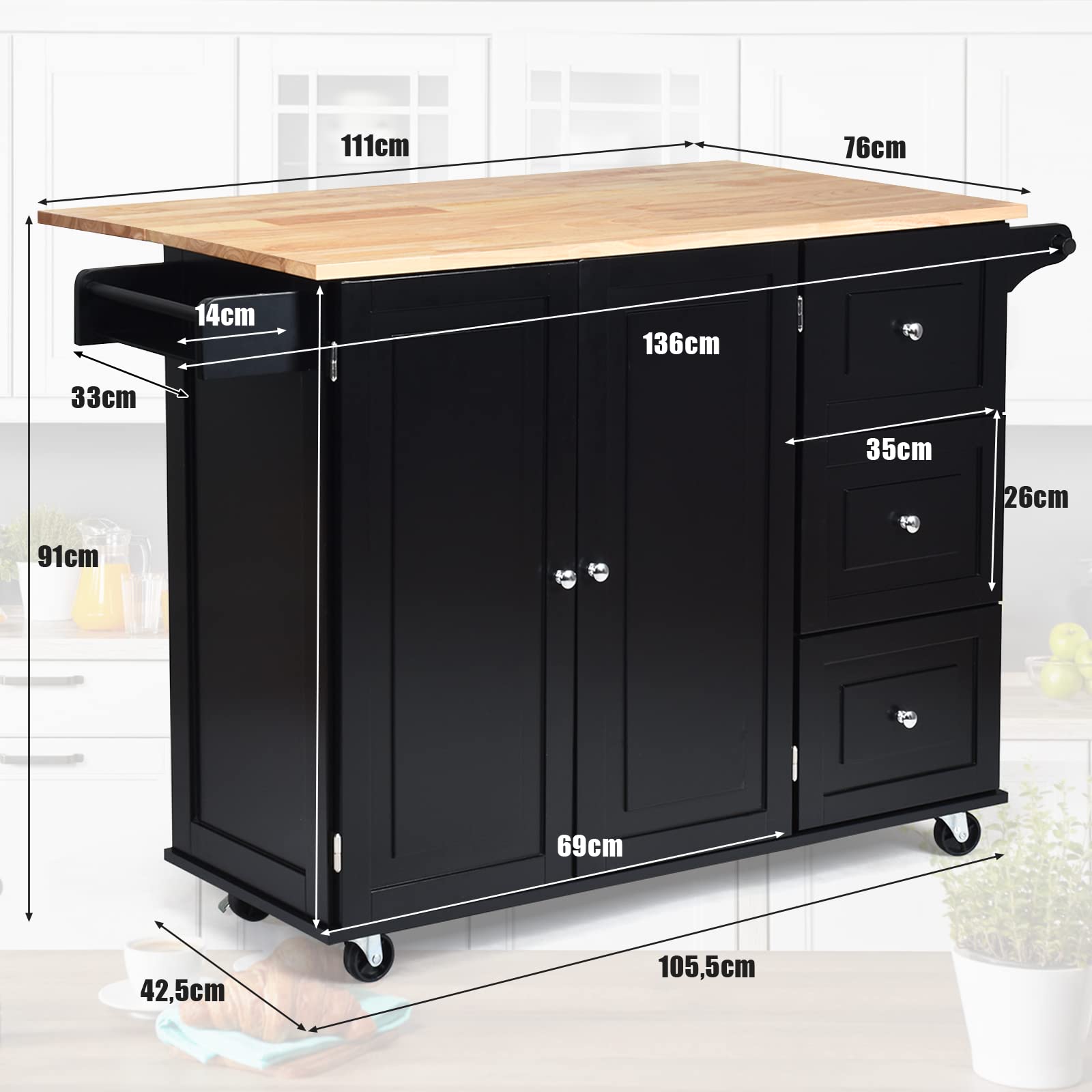 GIANTEX Carro de Cocina Plegable, Carro de Servicio, Aparador de Cocina, Mueble de Cocina de Madera, Ruedas con 2 Frenos, Tablero Plegable y 2 Estantes Ajustables, 136 x 76 x 91 cm (Negro)