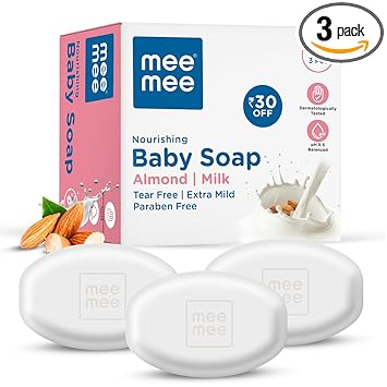 Mee Mee Gentle Baby Soap 75g (Pack of 3) | Gentle Bathing Bar Infused with Chamomile, Olive, Almond Oil, and Milk Extracts | Dermatologist Tested for Soft Baby Skin | Tear-Free Formula | Paraben Free - image, photos