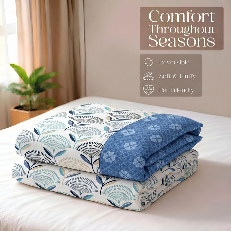 Image of Utopia Bedding Microfiber AC Comforter for King Size 220x240 cm - Lightweight, Skin-Safe & Hotel-Style Quilted Blanket with Floral Print Blue