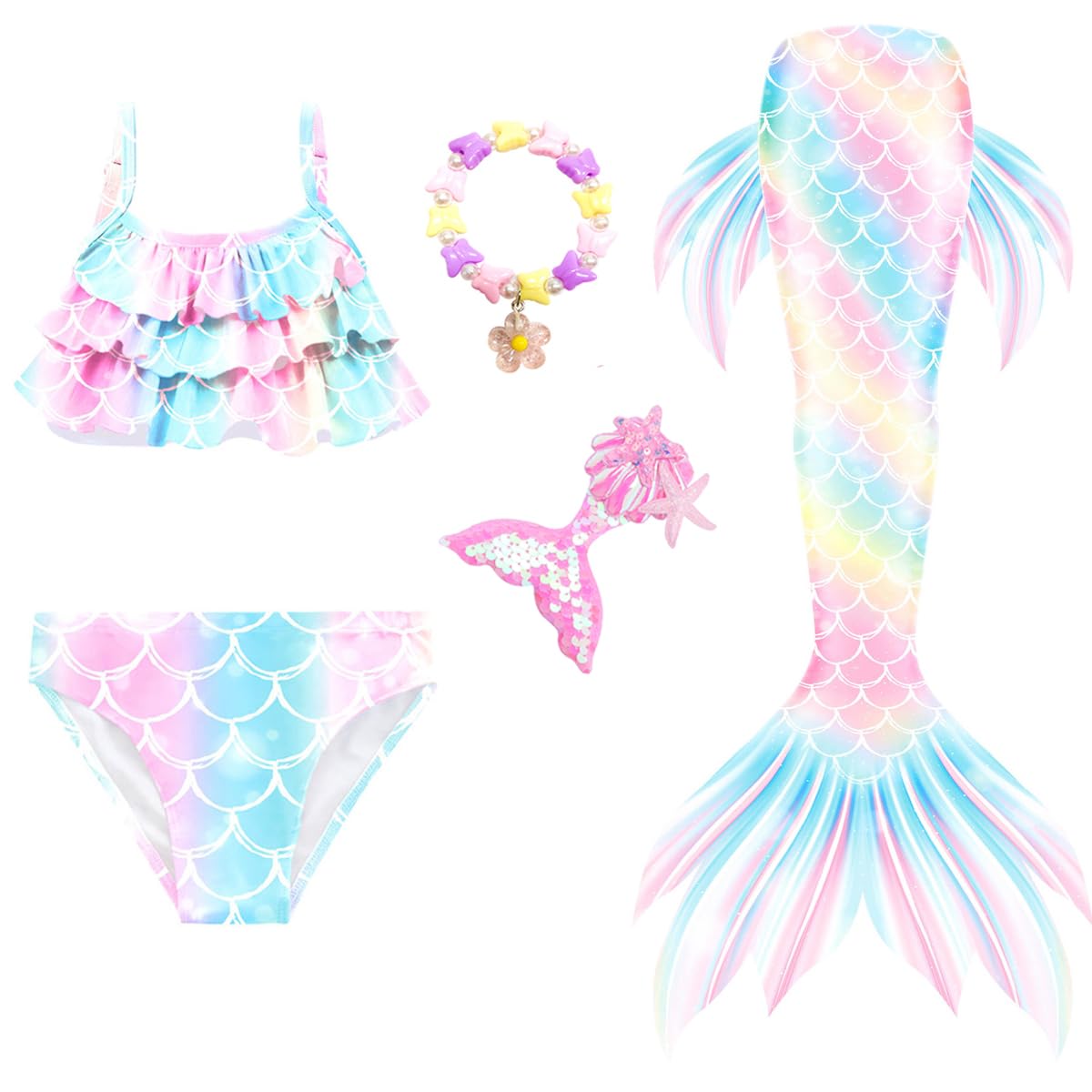 CHICPIG5PCS Mermaid Tails for Swimming for Girls Kids Mermaid Swimsuit Costume Princess Bikini Set Bathing Suits