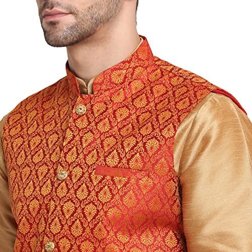 Image of KRAFT INDIA Mens Gold Silk Blend Kurta and Churidar Set With Jacquard Paisley Nehru Jacket
