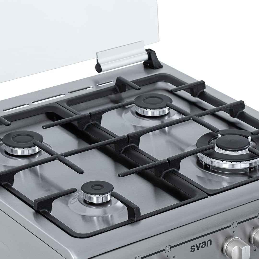 Svan Cocina Mixta Gas Butano, 4 Zonas de Cocción, Horno 56 L, Inox, SKMW4601X. Control Manual, Quemador WOK Triple Llama, 6 Programas de Cocción, Compartimento Bombona, Cristal en Puerta Doble Capa, T