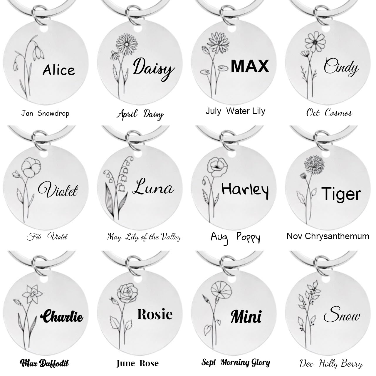 Dogs Cats ID Tags Personalized Designed Birth Month Flower Pets Collar Name Tags Custom Engraved Tags, Anti-Lost Name ID Collar Accessories Collar Charm