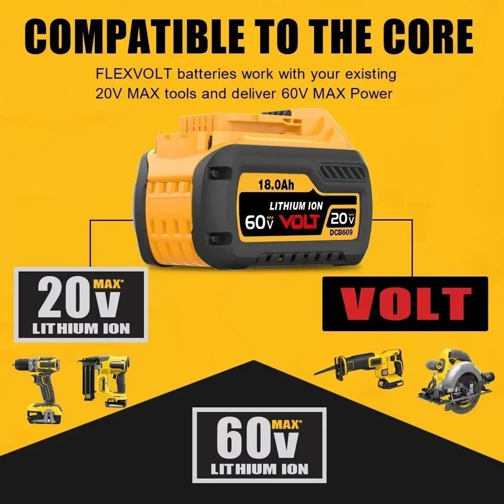 Akumulator litowy 18 Ah, 20 V/60 V, kompatybilny z narzędziami serii DeWalt FLEXVOLT MAX DCB609/DCB606/DCB612 i DCD996/DCF885/DCS391, akumulator o wysokiej wydajności 18000 mAh do elektronarzędzi