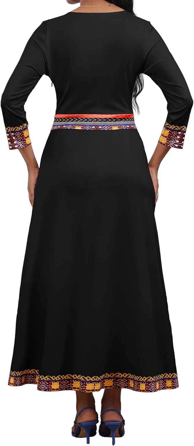 African Dresses for Women Elegant V Neck 3/4 Sleeve Casual Long Maxi African Attire Dress - Image 7