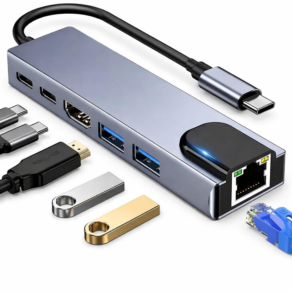 Adaptador Hub USB-C 6 em 1 HDMI 4K PD 100W RJ45 USB 3.0 | Expanda conexões com HDMI 4K,