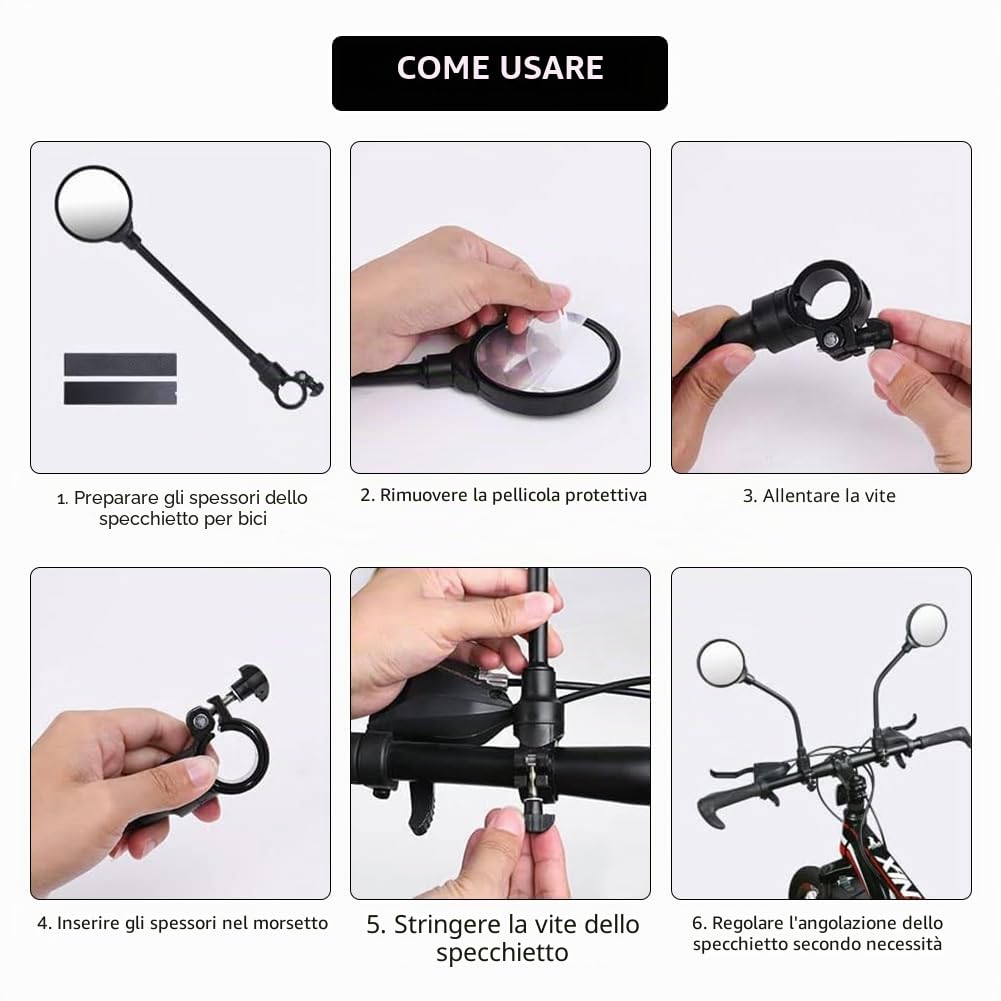 Specchietto Bicicletta,Specchietto Bici 360° Regolabile,Retrovisori Bicicletta,360° Ruotabile a Tubo Lungo Specchietto Retrovisore Grandangolare,Specchio per Bici Universale Sinistro e Destro,2 Pezzi
