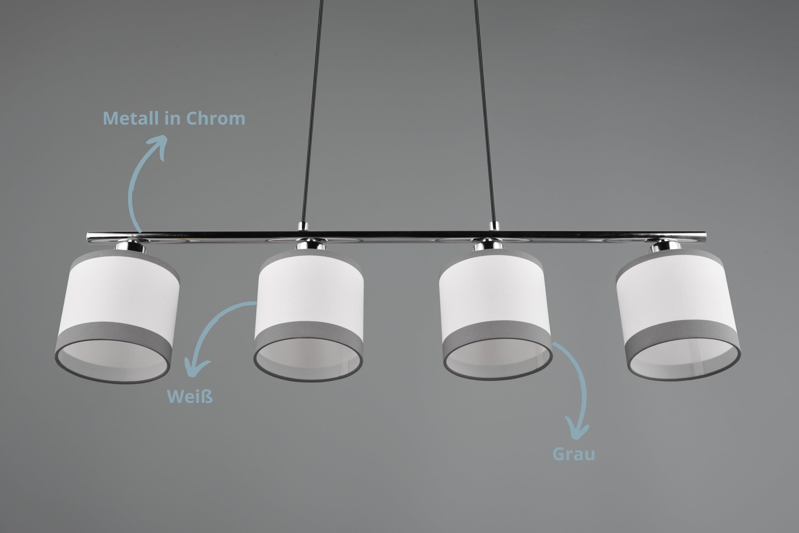 Modern Pendellampe Davis 4-flammig, Höhe anpassbar, Stoffschirm in Weiß, exkl. 4 x E14 max. 10W, Ø 12 cm, Höhe 150 cm, Metall, chrom