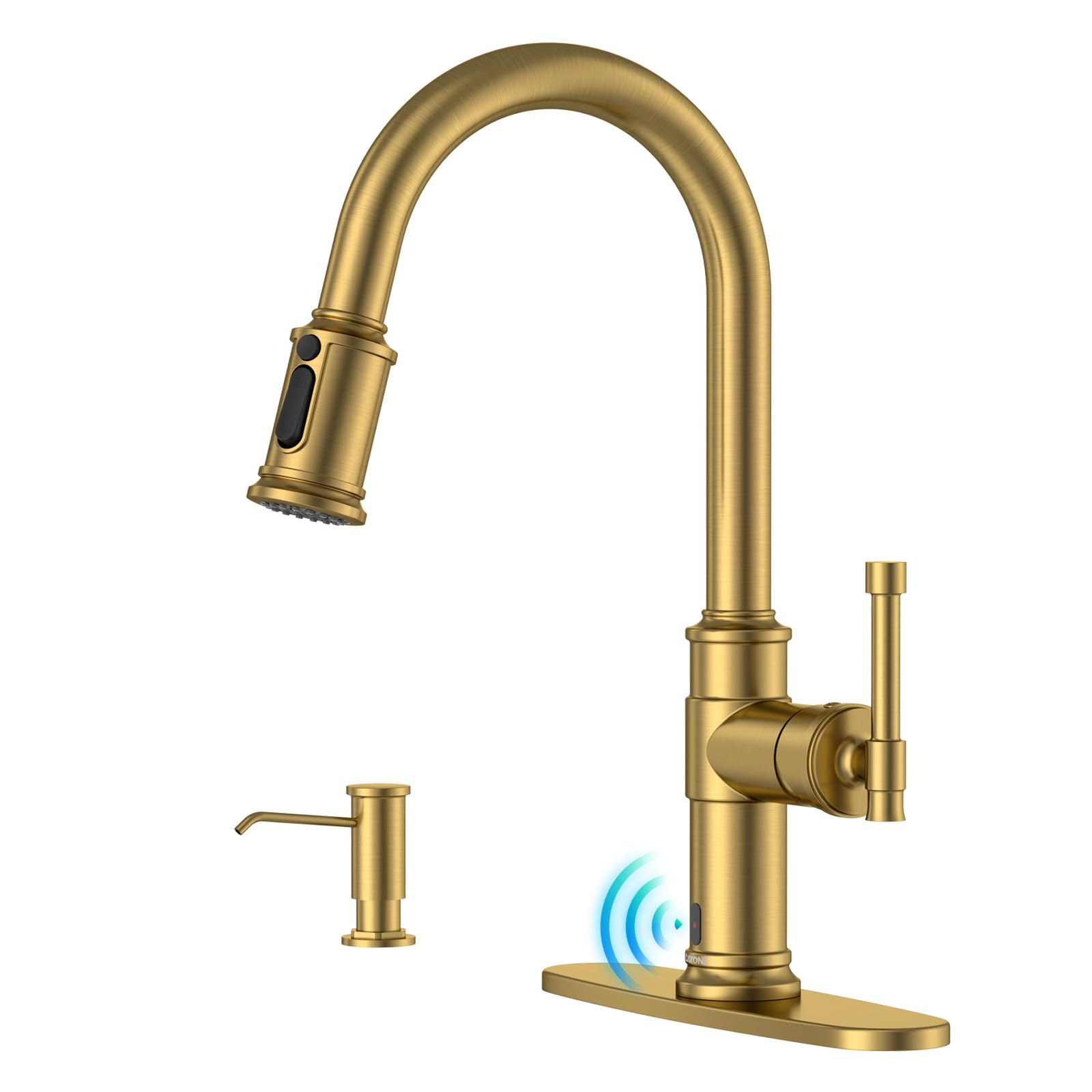 DAYONE Touchless Brushed Gold Kitchen Sink Faucets with Soap Dispenser, Pull Down Motion Sensor Hand-Free Single Handle Faucet for Kitchen Sink High Arc, DAY136TL-BTG