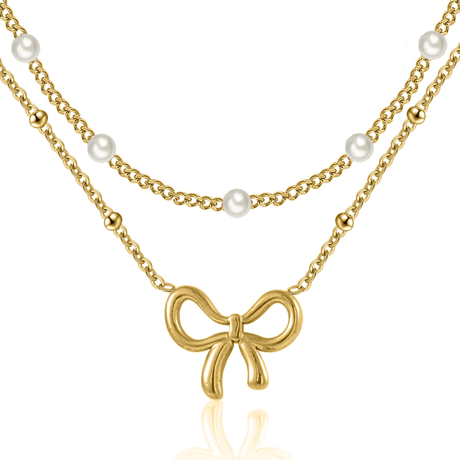 Qitian 18K Gold Plated Satellite Pearl & Bow Pendant Necklace for Women, Adjustable Layered Choker Chain Jewelry, Mini Gold Pearl Necklace Gift (QT-hdzz-Gold 2)