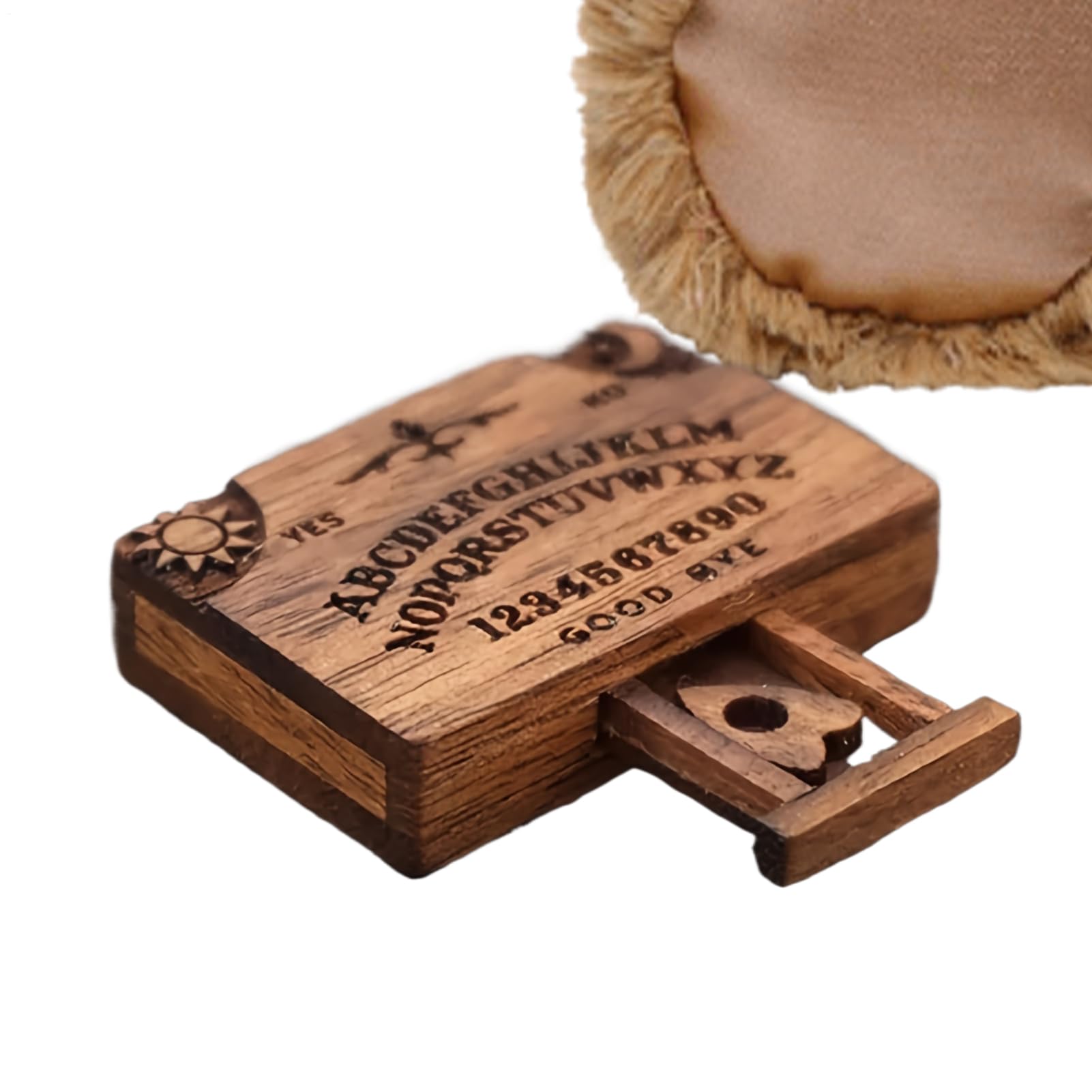 Ouija Miniaturtabelle | Dekorative Spirit Tablette | Massive Holzverzierung | Esoteric Pocket -Gräze -Tisch mit Planchen, Miniature, für Familienfreunde