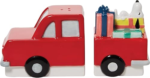 Enesco Peanuts Ceramics Snoopy on Truck - Juego de salero y pimienta para especias, 3.54 pulgadas, multicolor