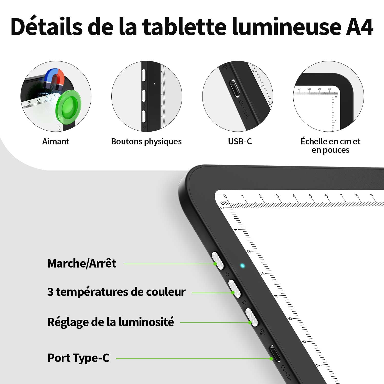 Zocelight 9000 Lux Super Bright tablette lumineuse A4,tablette dessin rechargeable avec une batterie au lithium de 4000mAh,table lumineuse aimant pour le traçage la peinture en diamant, esquisse(noir)