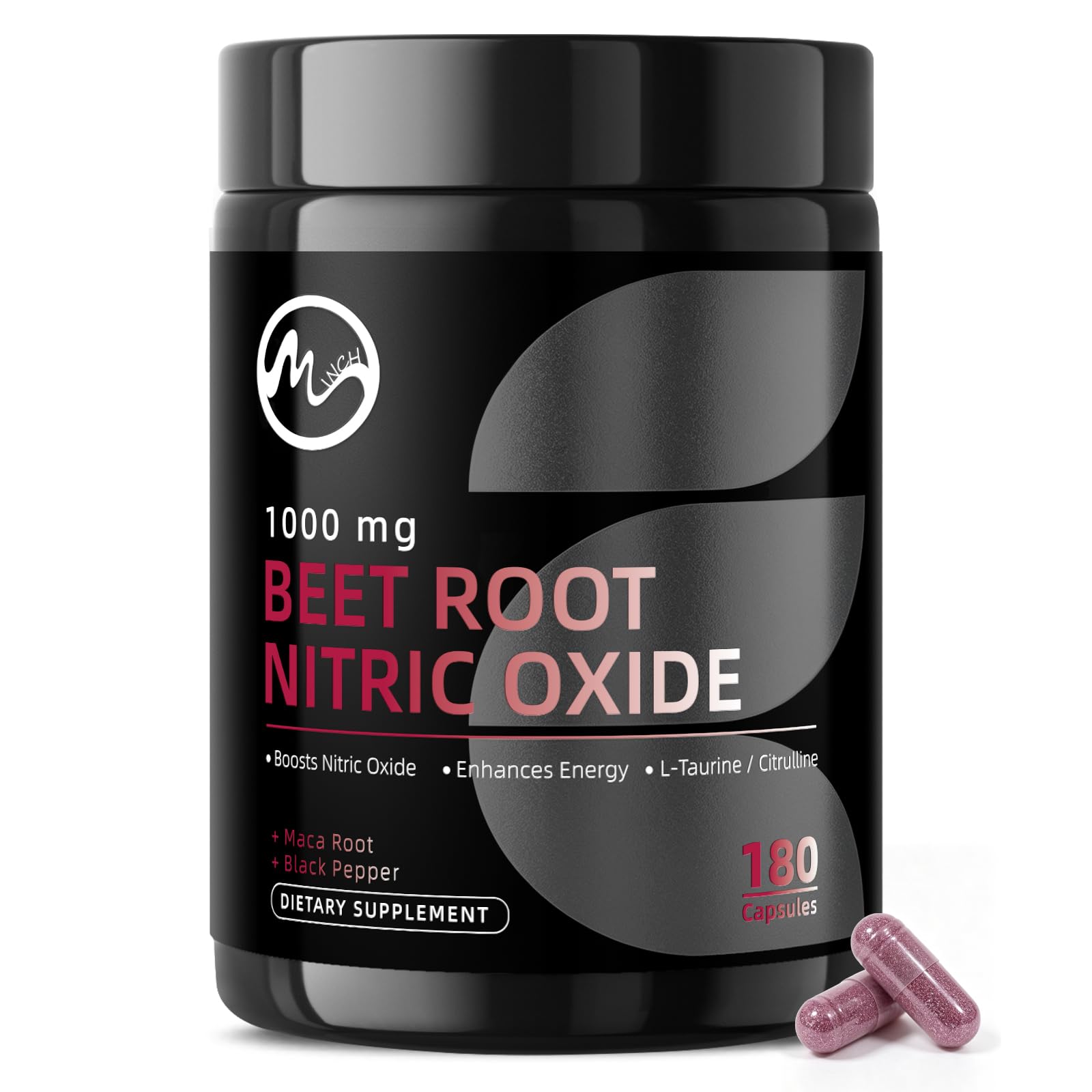 M inch Suplemento pré-treino de beterraba 1000 mg com L-citrulina 50 mg, taurina e maca, 180 cápsulas