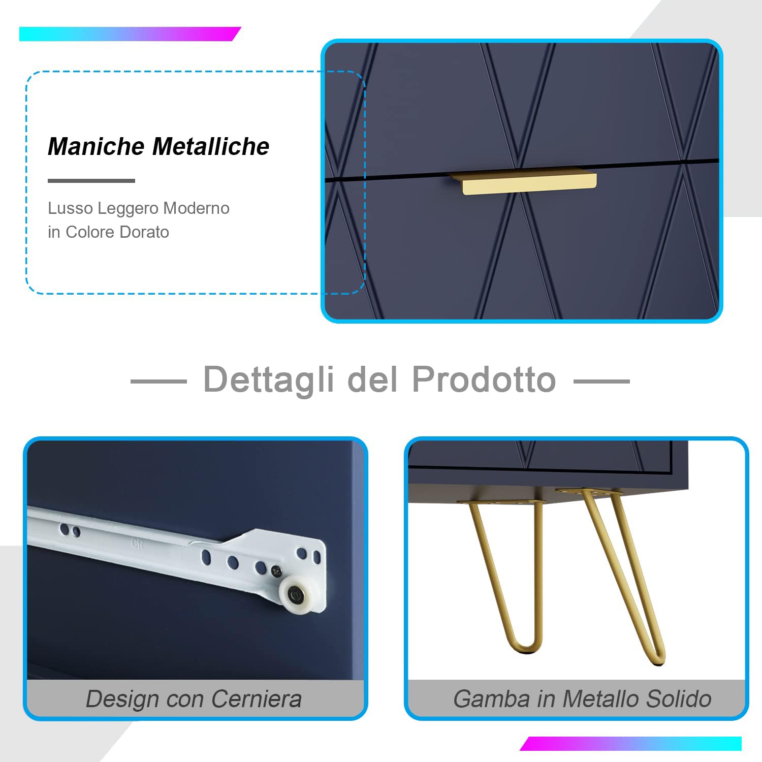UEV Cassettiera 6 Cassetti, Comò in Legno ingegnerizzato, Mobile Cassettiera Salvaspazio per Camera da Letto, Soggiorno, 100 x 34 x 73cm, Blu