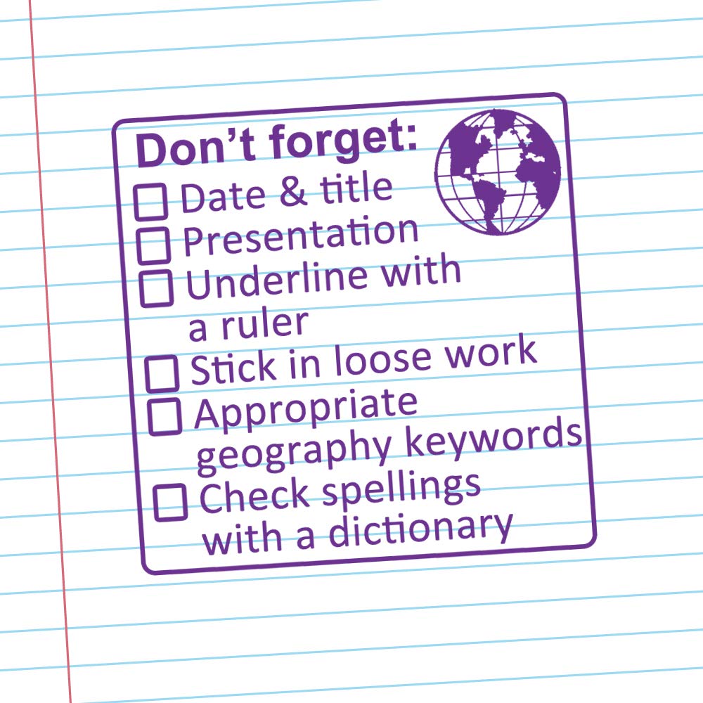 Xstamper Purple Geography Marking Teacher Stamp. Large Size (5X5cm). Checklist Mark Presentation, Spelling, History Keywords, Underline & More. Choice Of Ink Colour (Purple/Violet)