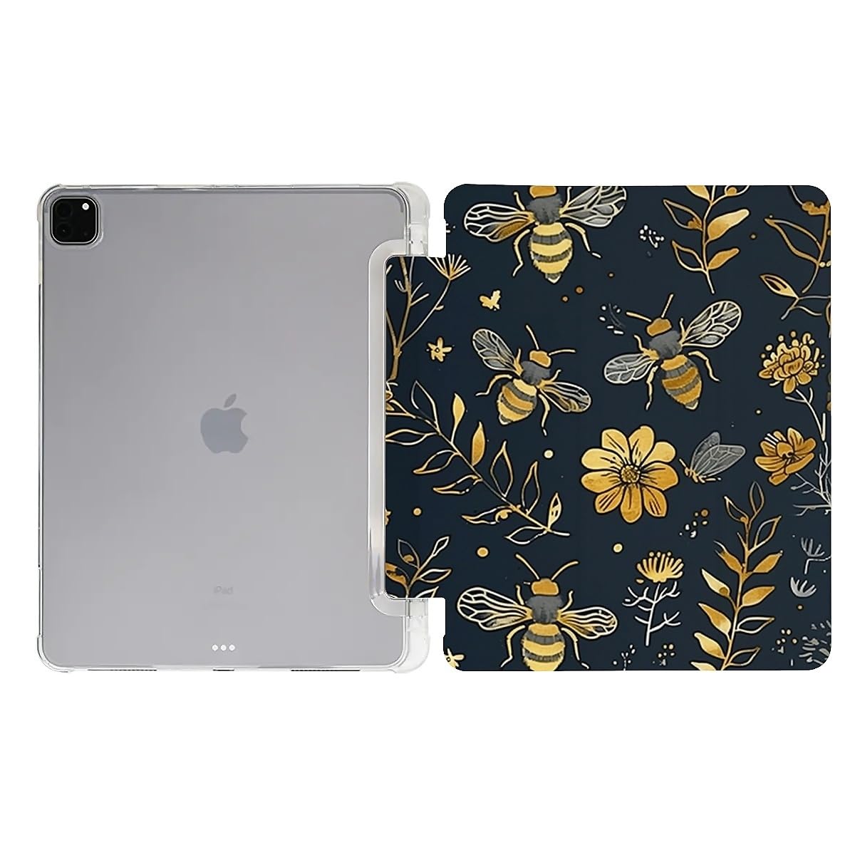 Goodsprout Color Case Compatible with iPad Pro 13 inch 2024 Vintage Yellow Bee Floral Pictures,Featuring A Pencil Holder,Possession Soft TPU Back,with