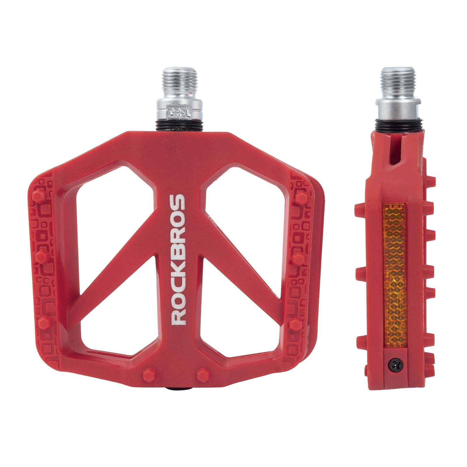 ROCKBROS Mountain Bike Pedals, 9/16” Non-Slip Nylon Fiber MTB Pedals with Reflectors & Sealed Bearing, Lightweight and Wide Flat Platform for MTB, Gravel, BMX Bikes, Red