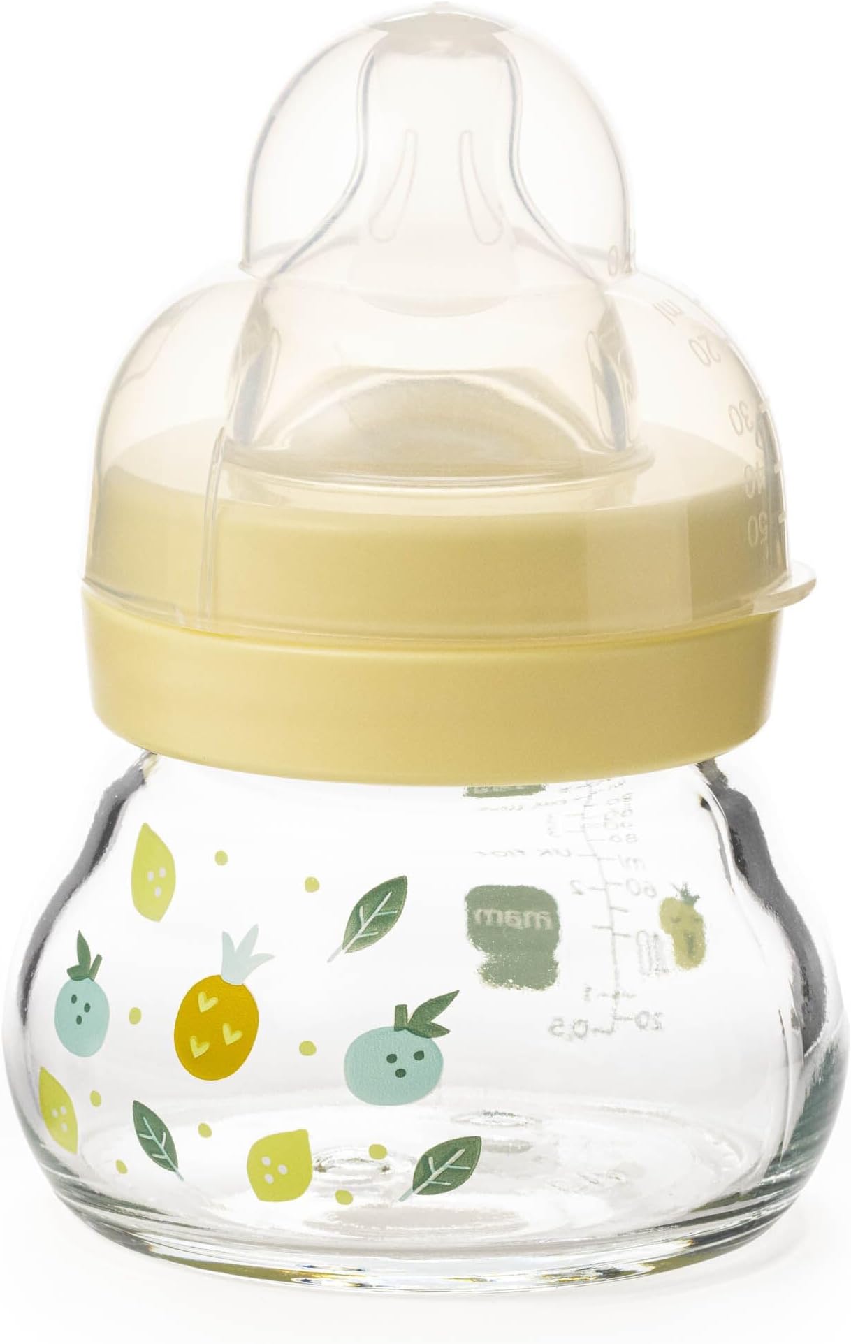 MAM Feel Good Glass Bottle | 1 Pack (1 x 90ml) | Extra Slow Flow MAM Teat Size 0 | Baby Accessories for Newborn | Yellow (Various Designs)