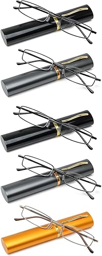 Skoveide Reading Glasses for Women Compact Slim Pocket Readers With Pen Clip Metal Case Spring Blue Light Blocking