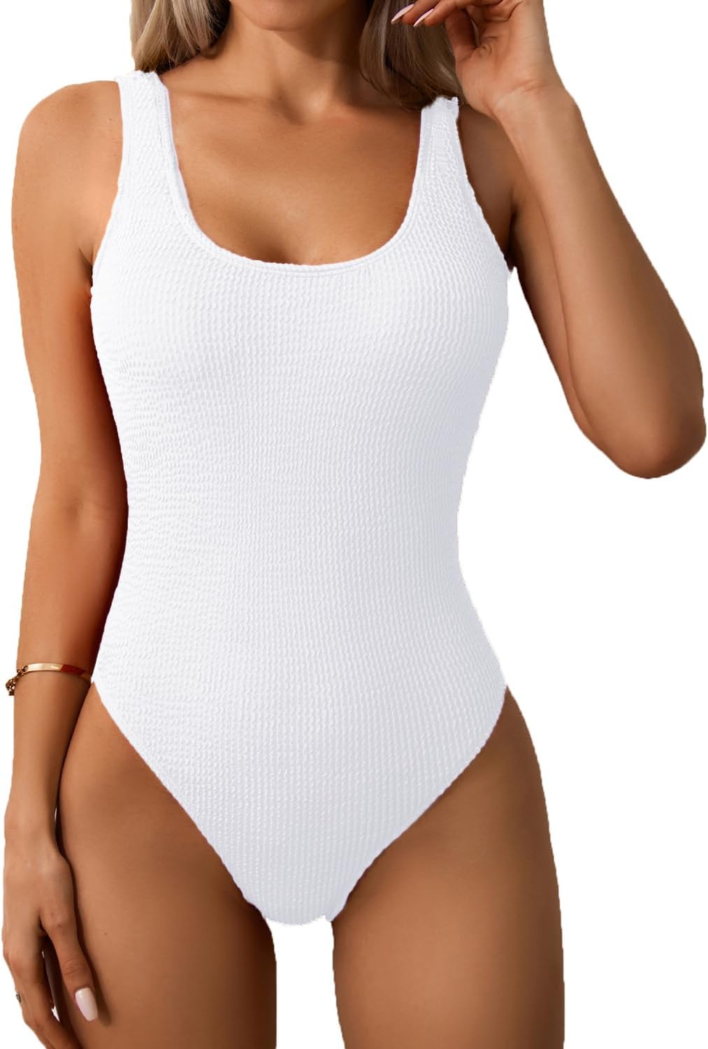 Limeeke Women One Piece Swimsuit Solid Ribbed Monokini Swimwear Scoop Neck Low Back Bathing Suit - Image 2