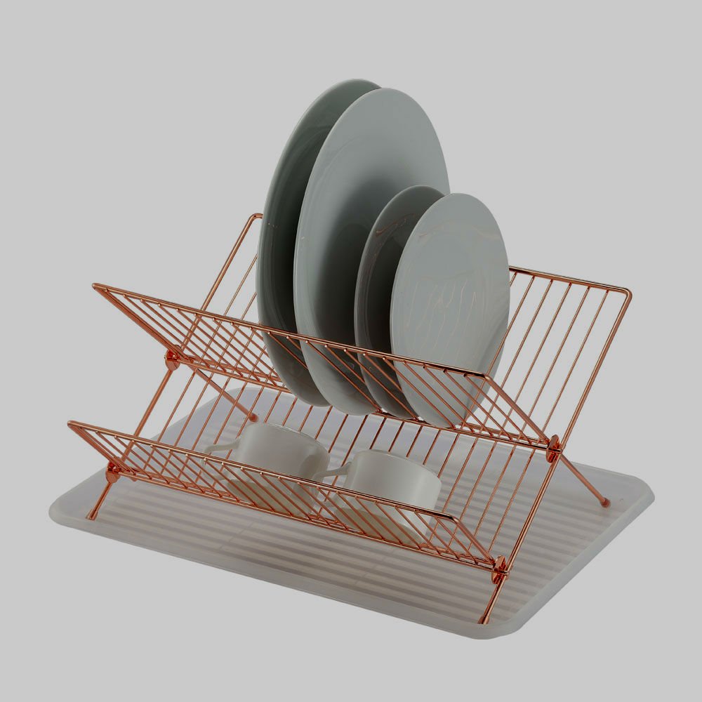 Deluxe Chrome-plated Steel Foldable X Shape 2-tier Shelf Small Dish Drainers with Drainboard (Gold Copper)