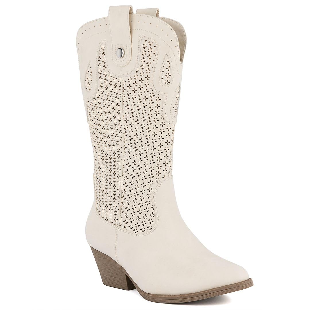 Sugar Womens Western Cowboy Boots Mid-Calf Pointed Toe Booties with Stitch Detailing Perforated Design Pointed Toe Block Heel
